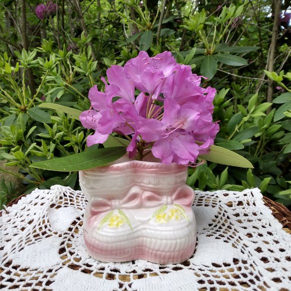 Accents Vintage Ceramic Baby Planter Baby Booties Pink And Yellow